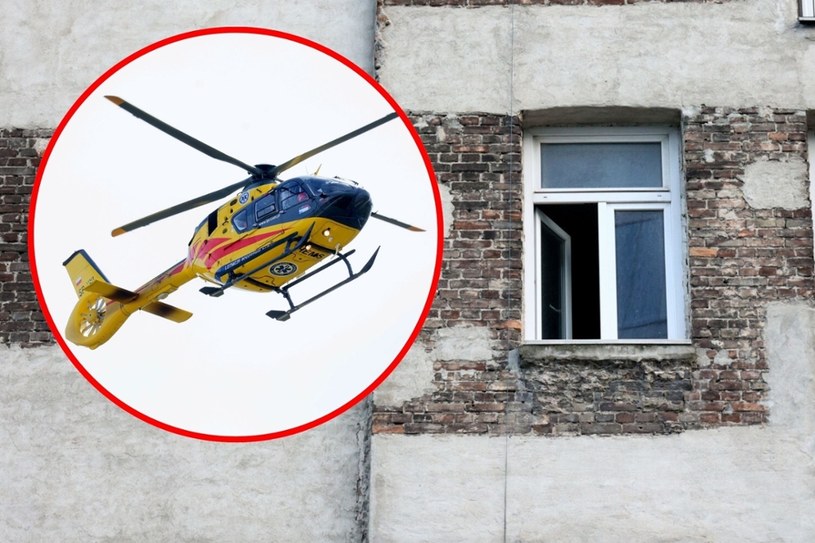 Drewniak sam wypadł z okna kamienicy. W interwencji helikopter LPR